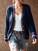 Women's Retro Casual Knit Striped Button-Down Collarless Loose Cardigan ZMZ2982J4ZJY