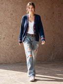 Women's Retro Casual Knit Striped Button-Down Collarless Loose Cardigan ZMZ2982J4ZJY