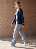 Women's Retro Casual Knit Striped Button-Down Collarless Loose Cardigan ZMZ2982J4ZJY