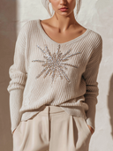 Women's V-Neck Ribbed Knit Sweater With Rhinestone Starburst Detaile ZMZ2820J0YZH