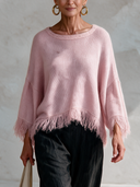Women’s French-style Elegant Pink Crew-neck Long-sleeve Loose Sweater With Raw-edge Detailing ZMZ2982J4ZYY