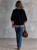 Women’s Vintage-Style Elegant Plaid-Paneled Velvet Blouse With Lantern Sleeves And A Loose Fit ZMZ2991J4ZYY