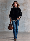 Women’s Vintage-Style Elegant Plaid-Paneled Velvet Blouse With Lantern Sleeves And A Loose Fit ZMZ2991J4ZYY