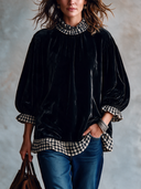 Women’s Vintage-Style Elegant Plaid-Paneled Velvet Blouse With Lantern Sleeves And A Loose Fit ZMZ2991J4ZYY