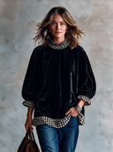 Women’s Vintage-Style Elegant Plaid-Paneled Velvet Blouse With Lantern Sleeves And A Loose Fit ZMZ2991J4ZYY