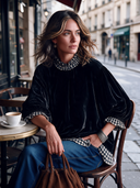 Women’s Vintage-Style Elegant Plaid-Paneled Velvet Blouse With Lantern Sleeves And A Loose Fit ZMZ2991J4ZYY