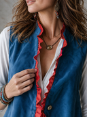 Women’s American-style Vintage Faux-suede Vest With A Stand Collar And Ruffles ZMZ2961J1ZYY