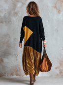 Women’s American-Vintage Style Long-Sleeve Loose Velvet Maxi Dress With Ribbed-Knit Crew Neck And Paneling Details ZMZ2956J7ZYY