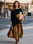 Women’s American-Vintage Style Long-Sleeve Loose Velvet Maxi Dress With Ribbed-Knit Crew Neck And Paneling Details ZMZ2956J7ZYY