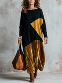 Women’s American-Vintage Style Long-Sleeve Loose Velvet Maxi Dress With Ribbed-Knit Crew Neck And Paneling Details ZMZ2956J7ZYY