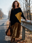 Women’s American-Vintage Style Long-Sleeve Loose Velvet Maxi Dress With Ribbed-Knit Crew Neck And Paneling Details ZMZ2956J7ZYY