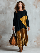 Women’s American-Vintage Style Long-Sleeve Loose Velvet Maxi Dress With Ribbed-Knit Crew Neck And Paneling Details ZMZ2956J7ZYY