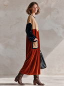 Women’s American-style Vintage Round-neck Loose Maxi Dress Featuring Faux Suede And Velvet Paneling With Multiple Pockets ZMZ2980J1ZYY