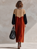 Women’s American-style Vintage Round-neck Loose Maxi Dress Featuring Faux Suede And Velvet Paneling With Multiple Pockets ZMZ2980J1ZYY