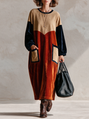 Women’s American-style Vintage Round-neck Loose Maxi Dress Featuring Faux Suede And Velvet Paneling With Multiple Pockets ZMZ2980J1ZYY