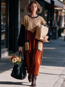 Women’s American-style Vintage Round-neck Loose Maxi Dress Featuring Faux Suede And Velvet Paneling With Multiple Pockets ZMZ2980J1ZYY