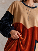 Women’s American-style Vintage Round-neck Loose Maxi Dress Featuring Faux Suede And Velvet Paneling With Multiple Pockets ZMZ2980J1ZYY