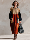 Women’s American-style Vintage Round-neck Loose Maxi Dress Featuring Faux Suede And Velvet Paneling With Multiple Pockets ZMZ2980J1ZYY