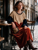 Women’s American-style Vintage Round-neck Loose Maxi Dress Featuring Faux Suede And Velvet Paneling With Multiple Pockets ZMZ2980J1ZYY