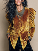 Women's Retro Casual Velvet Ribbed Collar Button-Up Long Sleeve Shirt ZMZ2910J9ZJY