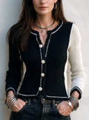 Women’s Fashionable Black And White Color-Block Knitted Button-Down Slim-Fit Cardigan ZMZ3066J4SWL