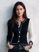 Women’s Fashionable Black And White Color-Block Knitted Button-Down Slim-Fit Cardigan ZMZ3066J4SWL