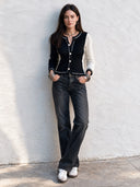 Women’s Fashionable Black And White Color-Block Knitted Button-Down Slim-Fit Cardigan ZMZ3066J4SWL