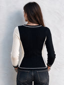 Women’s Fashionable Black And White Color-Block Knitted Button-Down Slim-Fit Cardigan ZMZ3066J4SWL