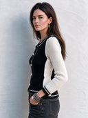 Women’s Fashionable Black And White Color-Block Knitted Button-Down Slim-Fit Cardigan ZMZ3066J4SWL