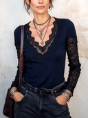 Women’s Sexy V-Neck Lace-Paneled Slim-Fit Knitted Top ZMZ3057J5SWL