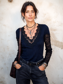 Women’s Sexy V-Neck Lace-Paneled Slim-Fit Knitted Top ZMZ3057J5SWL