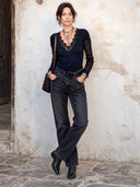 Women’s Sexy V-Neck Lace-Paneled Slim-Fit Knitted Top ZMZ3057J5SWL