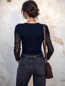 Women’s Sexy V-Neck Lace-Paneled Slim-Fit Knitted Top ZMZ3057J5SWL