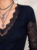 Women’s Sexy V-Neck Lace-Paneled Slim-Fit Knitted Top ZMZ3057J5SWL
