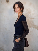 Women’s Sexy V-Neck Lace-Paneled Slim-Fit Knitted Top ZMZ3057J5SWL