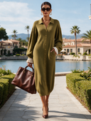 Women’s Casual Olive Green Collared Button-Front Knit Midi Dress ZMZ2872J1XT