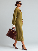 Women’s Casual Olive Green Collared Button-Front Knit Midi Dress ZMZ2872J1XT
