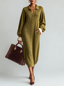 Women’s Casual Olive Green Collared Button-Front Knit Midi Dress ZMZ2872J1XT