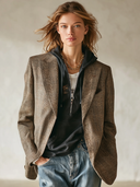 Women's Vintage Brown Plaid Notched Lapel Blazer ZMZ3064J9XT