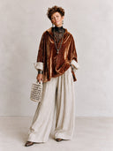Women’s Vintage-inspired Velvet Tunic With A Fold-over Collar And Contrasting Cotton-linen Cuffs,Relaxed Fit ZMZ3064J5ZYY