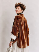 Women’s Vintage-inspired Velvet Tunic With A Fold-over Collar And Contrasting Cotton-linen Cuffs,Relaxed Fit ZMZ3064J5ZYY