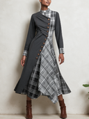 Women's Charcoal Gray Plaid Colorblock Midi Dress, Stand Collar And Asymmetric Hem ZMZ3066J7YZH