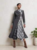 Women's Charcoal Gray Plaid Colorblock Midi Dress, Stand Collar And Asymmetric Hem ZMZ3066J7YZH