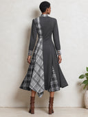 Women's Charcoal Gray Plaid Colorblock Midi Dress, Stand Collar And Asymmetric Hem ZMZ3066J7YZH