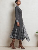 Women's Charcoal Gray Plaid Colorblock Midi Dress, Stand Collar And Asymmetric Hem ZMZ3066J7YZH