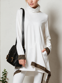 Women's White Long-Sleeve Cowl Neck Tunic Top With Leopard Print Trim ZMZ3004J1YZH
