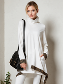 Women's White Long-Sleeve Cowl Neck Tunic Top With Leopard Print Trim ZMZ3004J1YZH