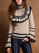 Women’s Vintage Casual Ribbed-Knit Striped Turtleneck Long-Sleeve Sweater With Ruffle Trim ZMZ3024J5ZJY