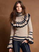 Women’s Vintage Casual Ribbed-Knit Striped Turtleneck Long-Sleeve Sweater With Ruffle Trim ZMZ3024J5ZJY