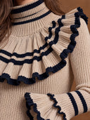 Women’s Vintage Casual Ribbed-Knit Striped Turtleneck Long-Sleeve Sweater With Ruffle Trim ZMZ3024J5ZJY